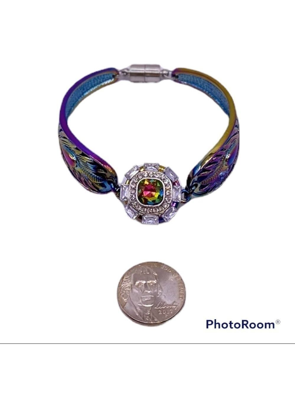 Multicolored Feather Spoon Bangle Bracelet w/Unique Geometric Snap! VIDEO.